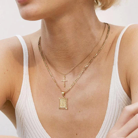 14K Initial Necklace with Cross – Layered Gold Letter Pendant