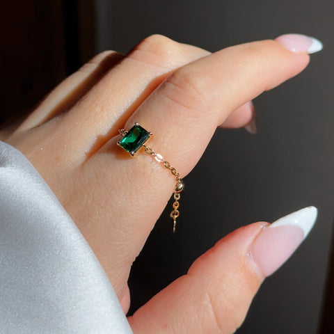 Emerald Green Chain Ring – Adjustable Gold Self Love Ring