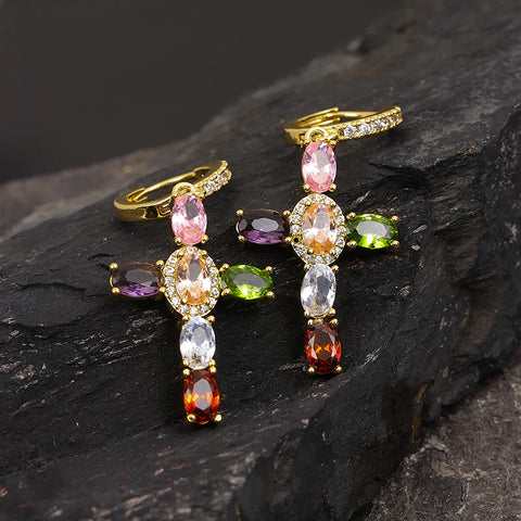 Colorful Cross Huggie Earrings with Zircon Stones
