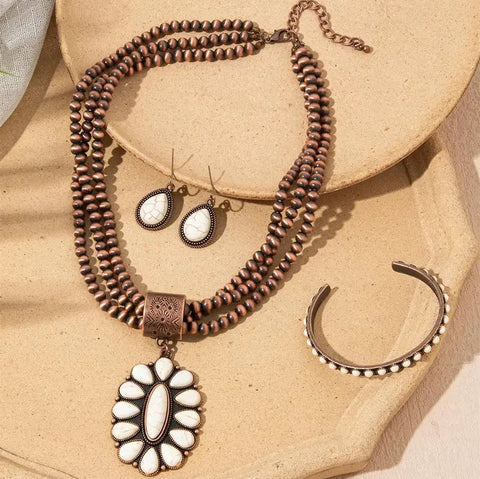 3pc Boho Beaded Necklace, Bracelet, Earring Set