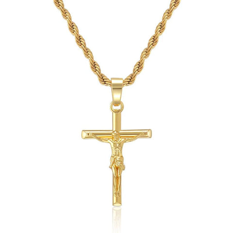 Crucifix Cross Necklace – 14K Gold Plated Rope Chain