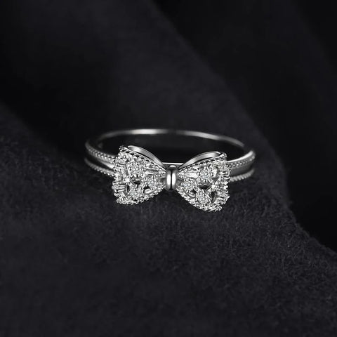 Bow Ring for Women – Silver Ribbon Ring with Crystals