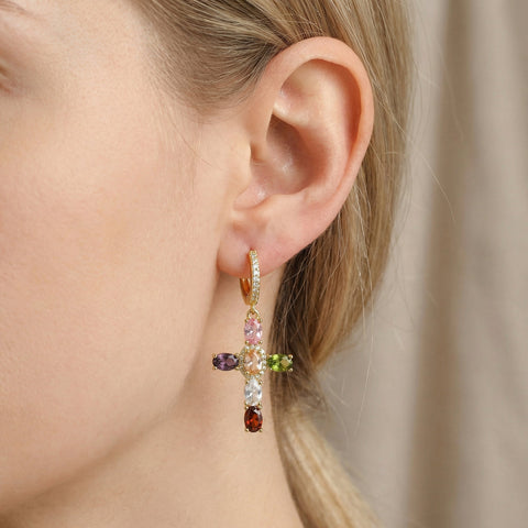 Colorful Cross Huggie Earrings with Zircon Stones